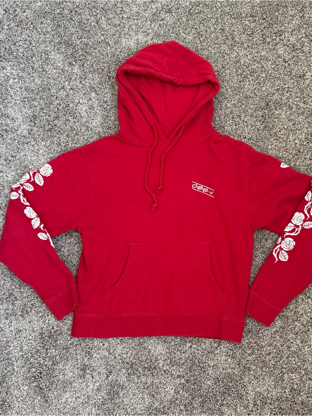 Obey Red Hoodie with White Rose Sleeve Prints